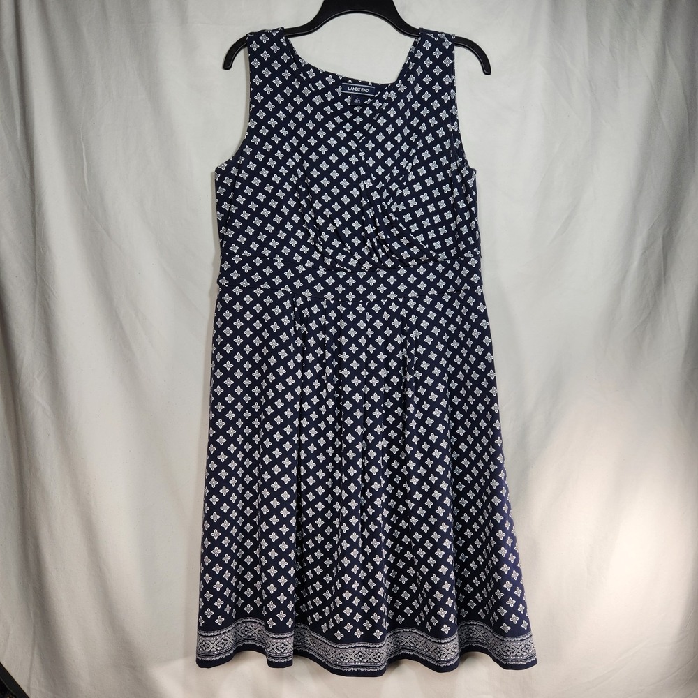 Lands End Womens Sleeveless Fit and Flare Dress Navy Geometric Print Size 14-16